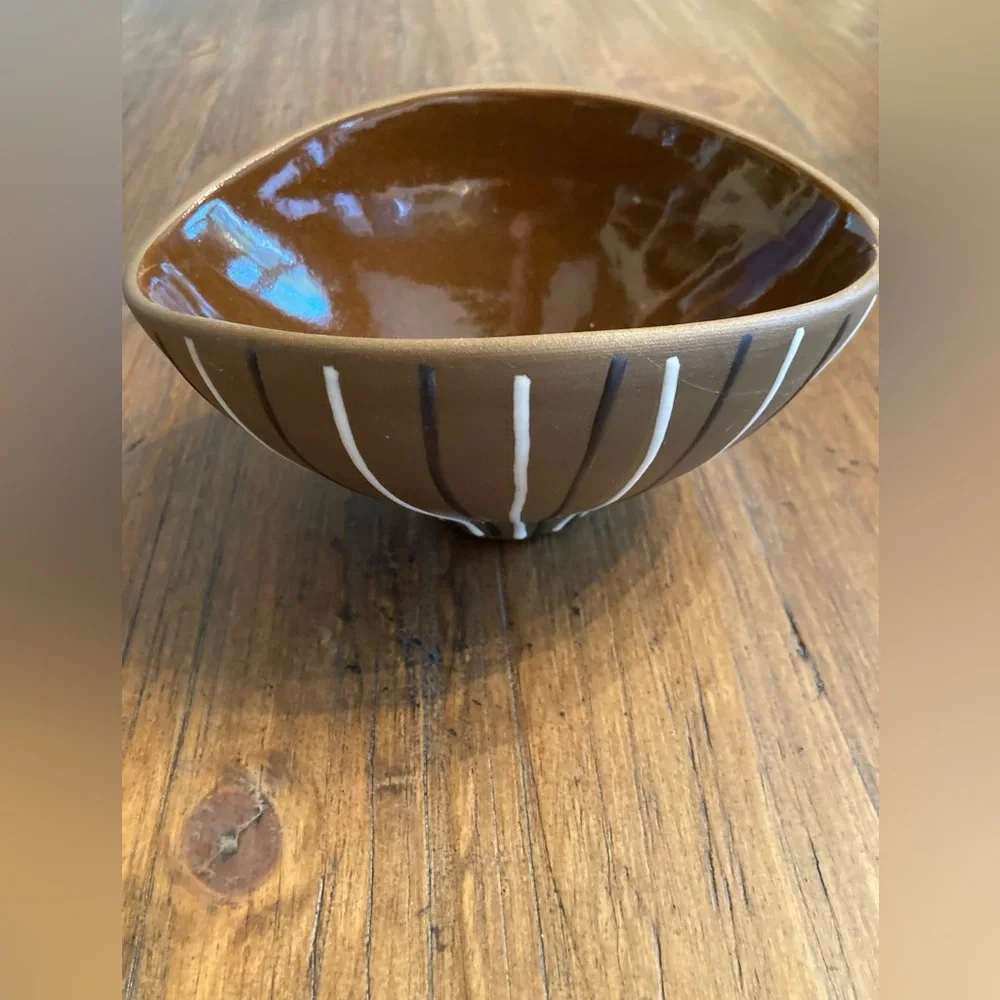 Jonathan Adler Brown Pottery Bowl with Black and White Stripes